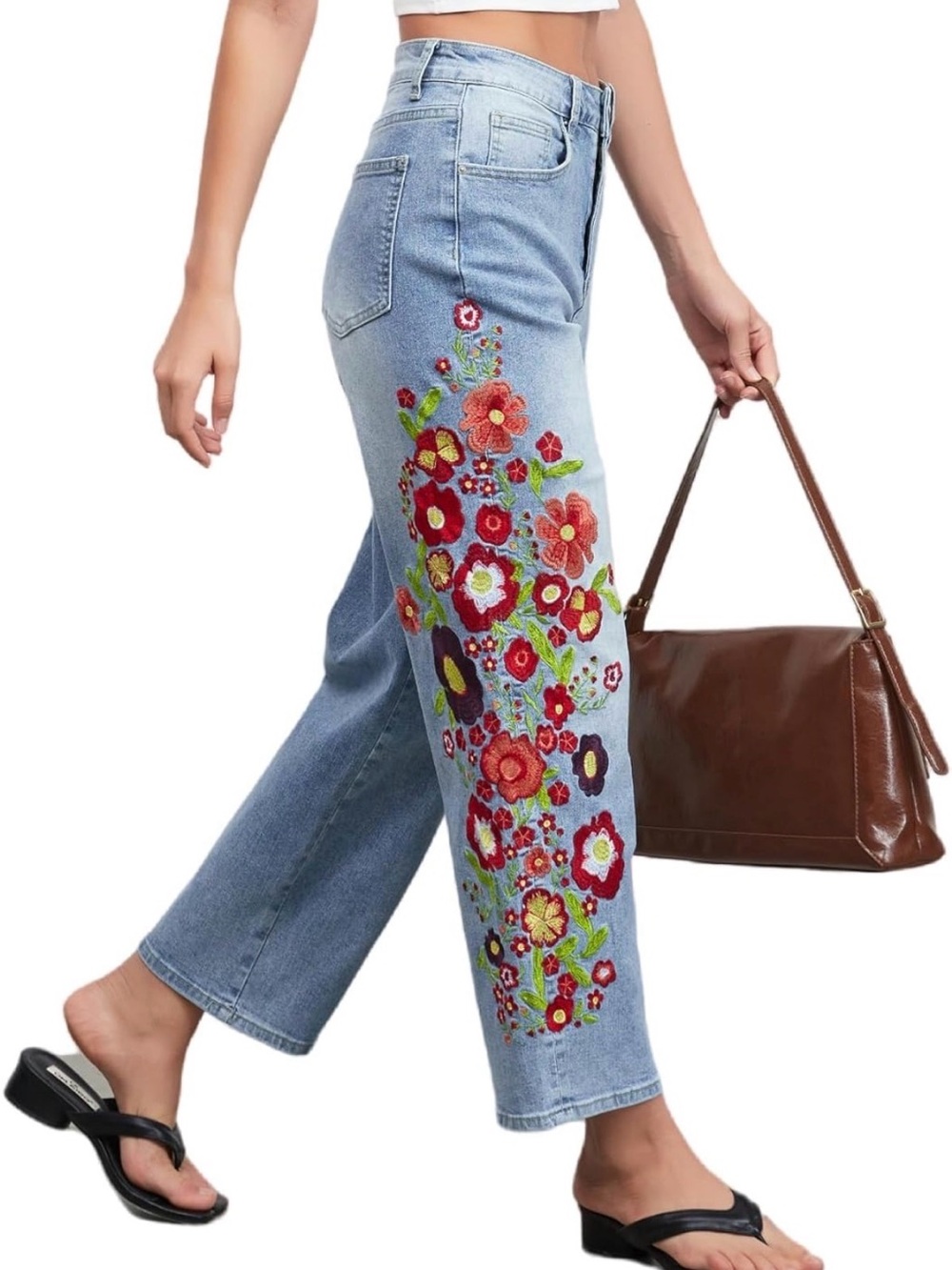 Light Blue Embroidered Floral Ankle Jeans